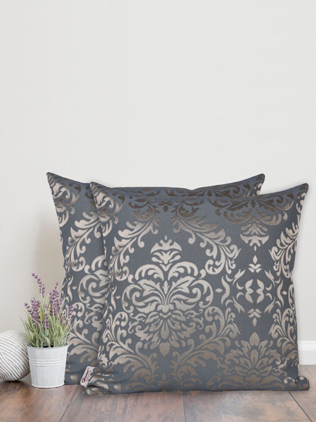 Home Navy Blue & Gold-Toned Set of 2 Ethnic Motifs Cotton Square Cushion Covers Price in India