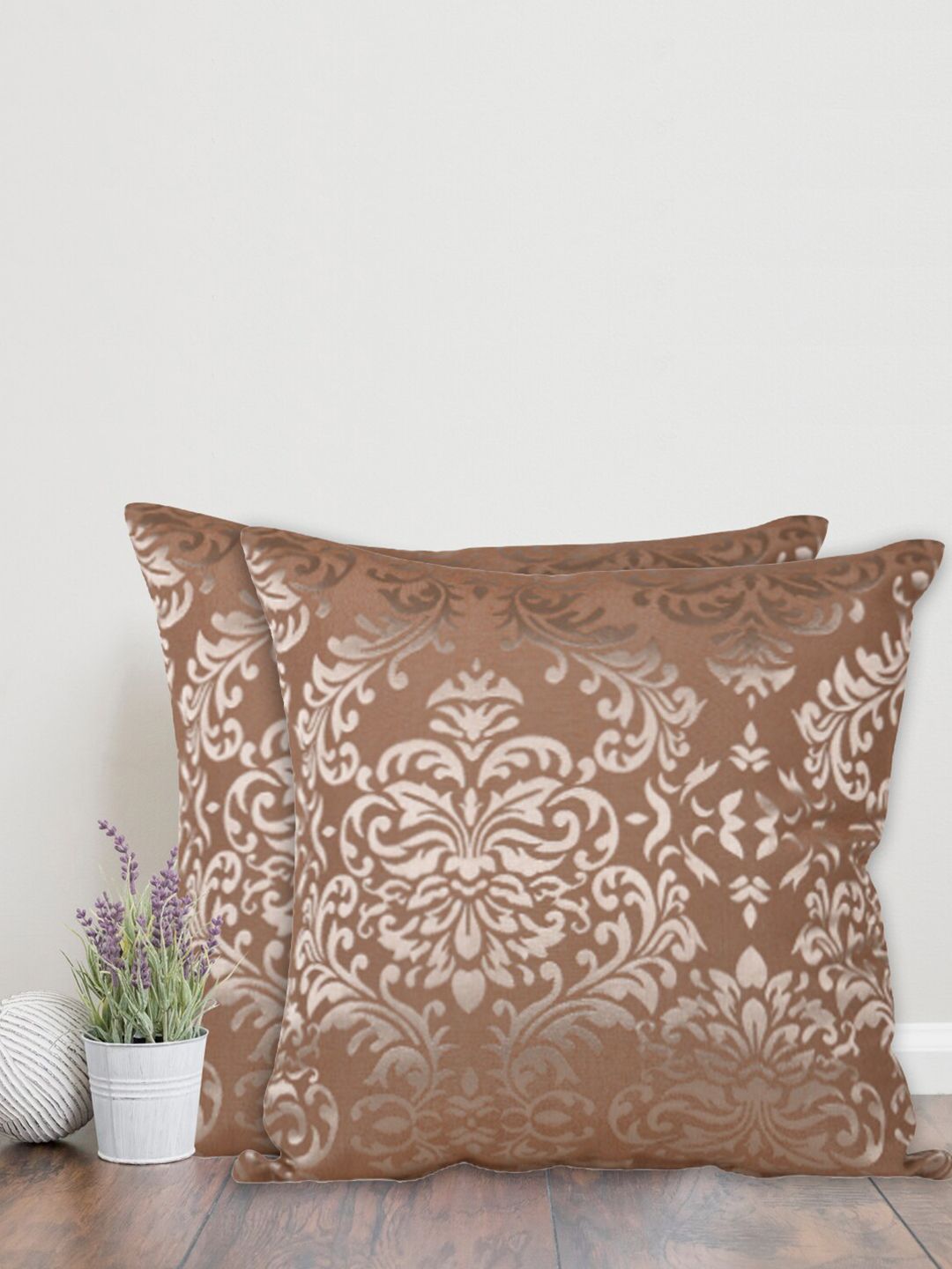 Home Brown & Silver-Toned Set of 2 Ethnic Motifs Cotton Square Cushion Covers Price in India