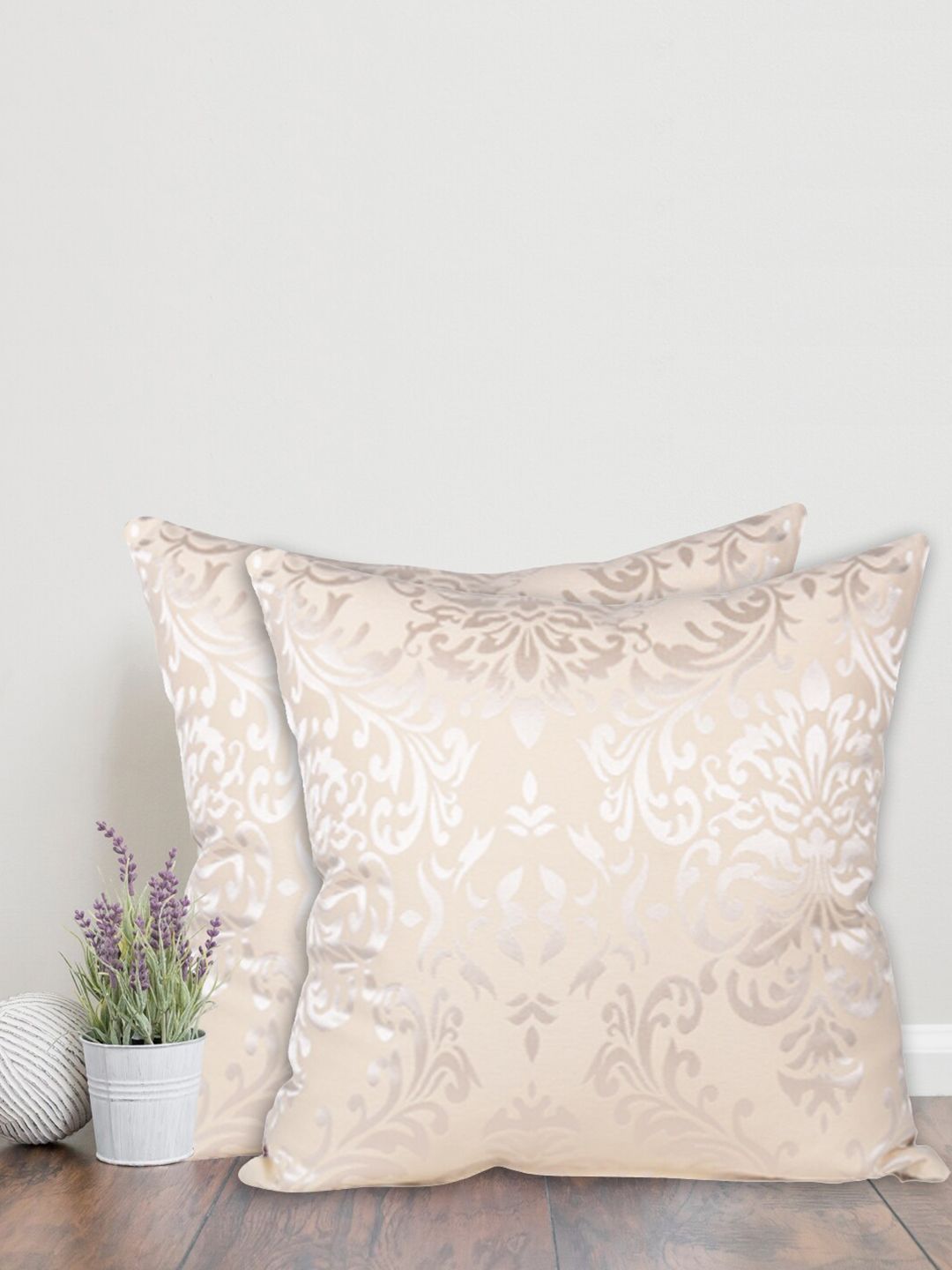 Home Cream-Coloured & Silver-Toned Set of 2 Ethnic Motifs Square Cushion Covers Price in India