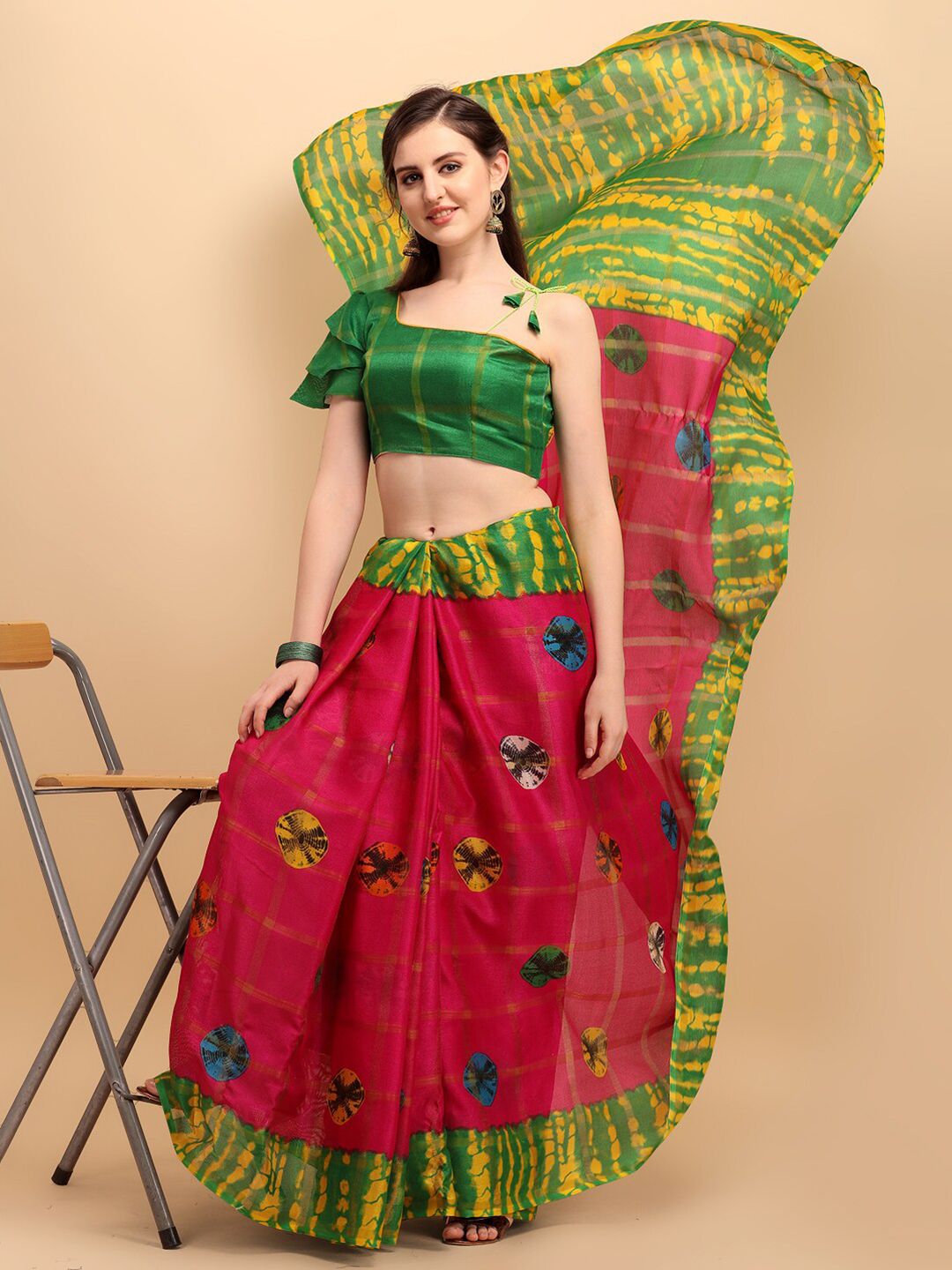 KALINI Pink & Green Ethnic Motifs Kota Saree