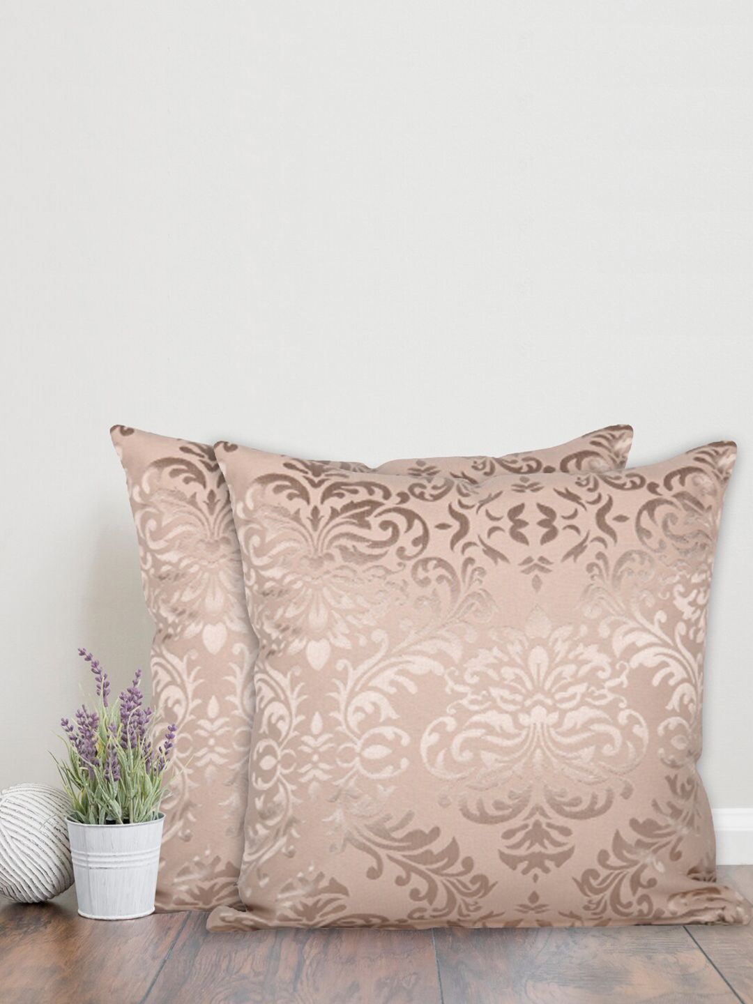 Home Beige & Gold-Toned Set of 2 Ethnic Motifs Cotton Square Cushion Covers Price in India