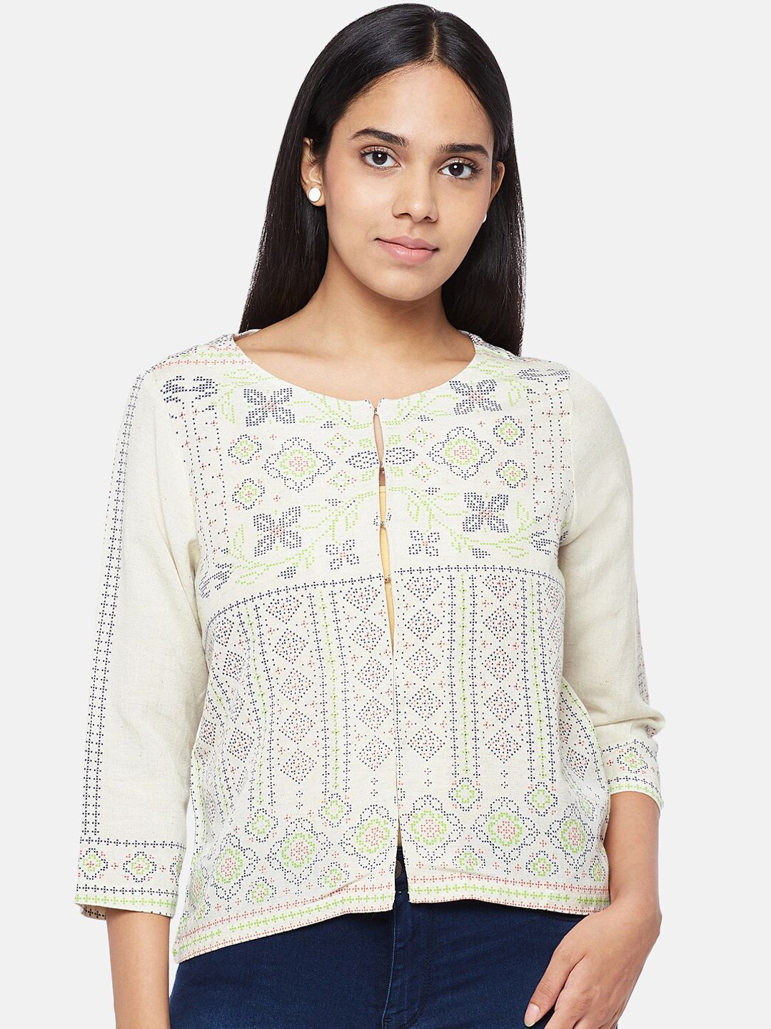 People Women Off White Printed Open Front Jacket Price in India