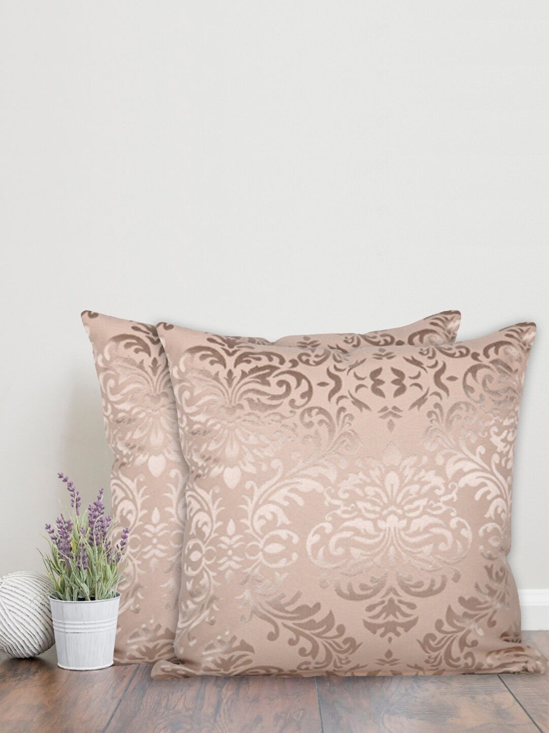 Home Peach-Coloured & Gold-Toned Set of 2 Ethnic Motifs Square Cushion Covers Price in India