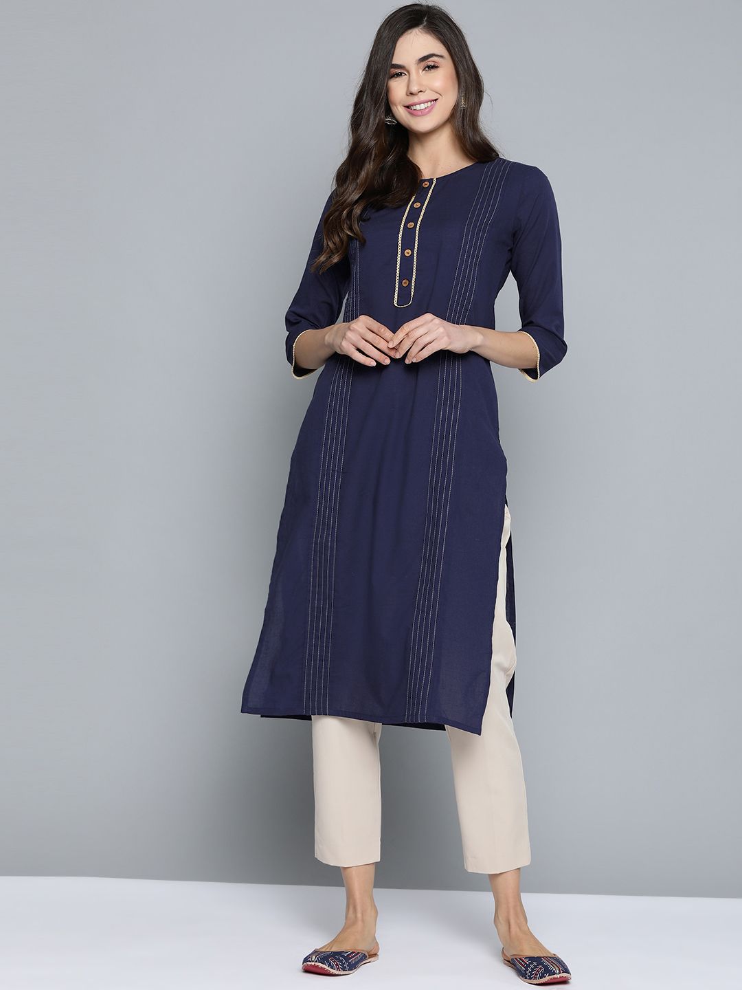 HERE&NOW Women Navy Blue Solid Pure Cotton Pleated Straight Kurta