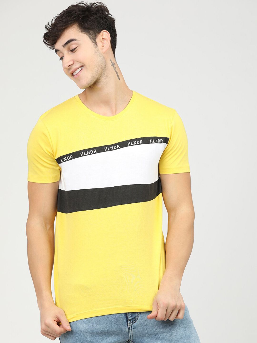 HIGHLANDER Men Yellow Colourblocked Round Neck Applique Slim Fit T-shirt