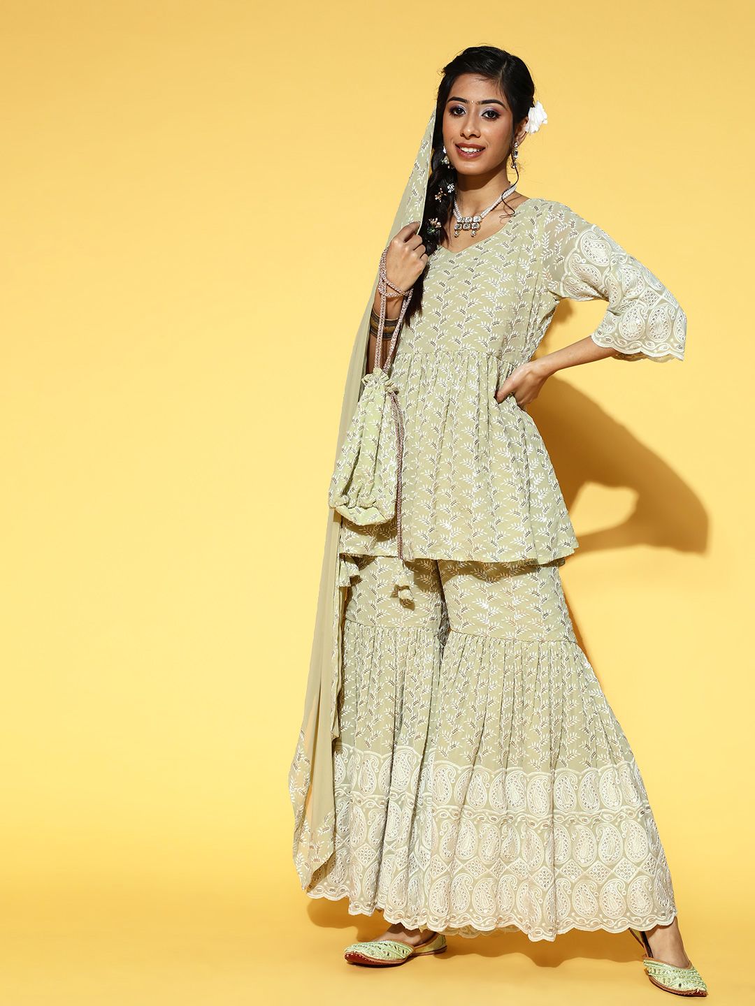 Libas Ethnic Motifs Poly-Georgette Short Kurti & Sharara with Potli Bag