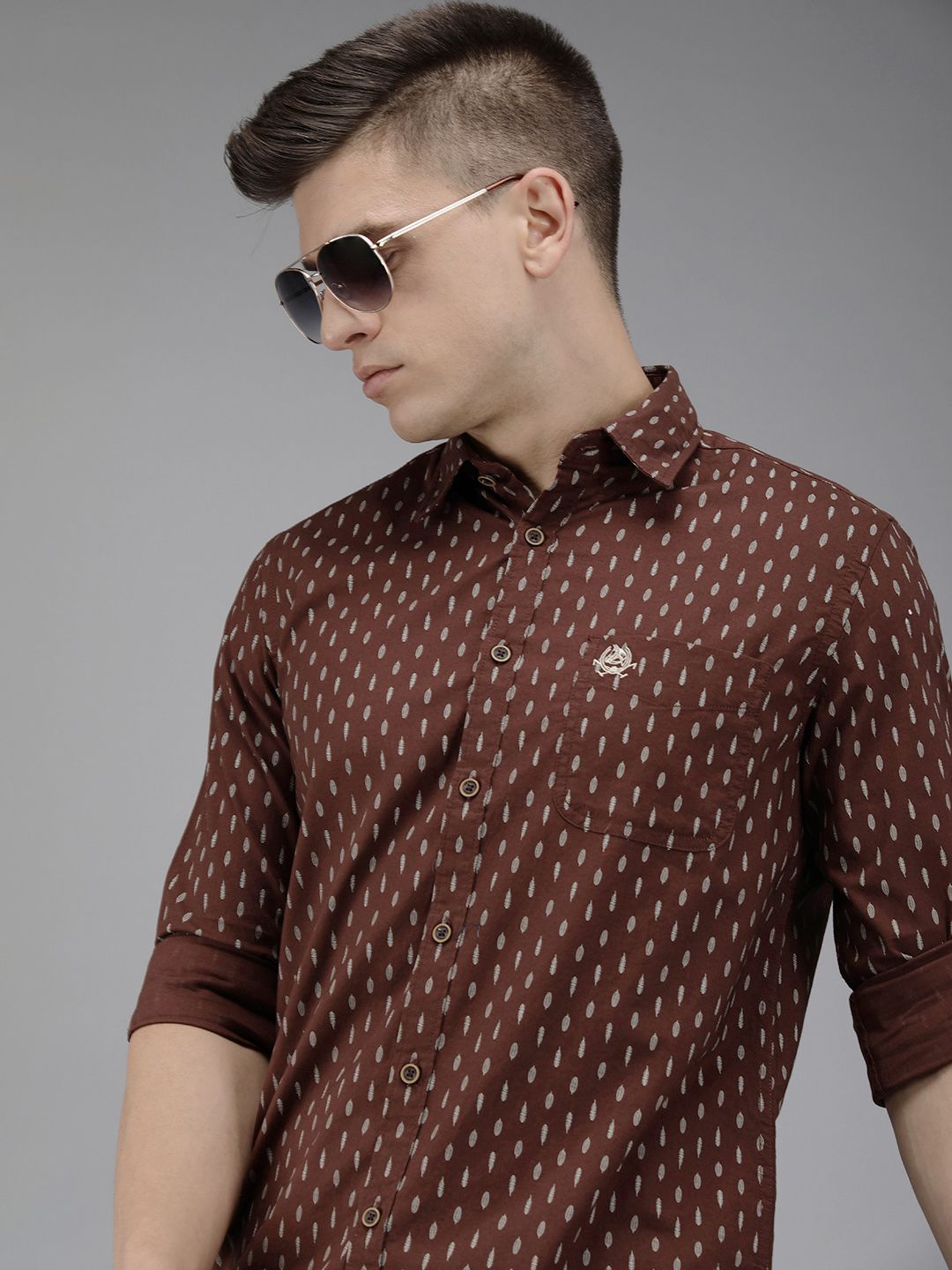 U S Polo Assn Denim Co Men Brown & Off White Printed Pure Cotton Casual Shirt