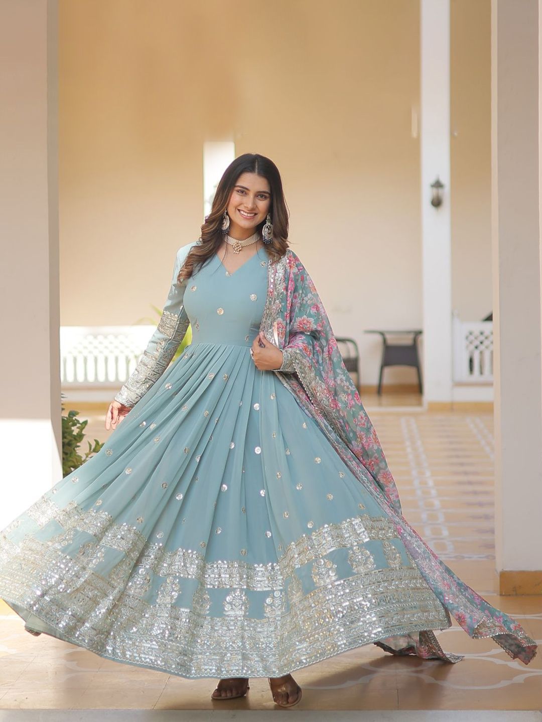kalini floral embroidered sequinned georgette maxi ethnic dress reviews Buy KALINI Floral Embroidered Thread Work Georgette A-Line Ethnic Dress -  Ethnic Dresses for Women 31209264