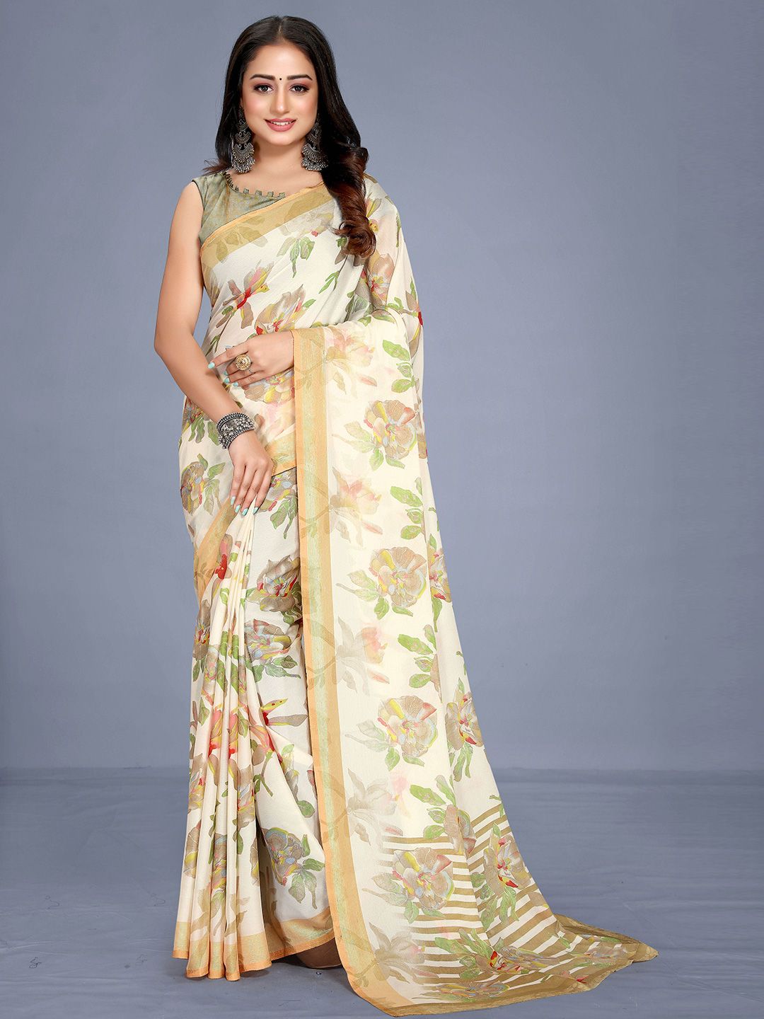 VENISA Cream-Coloured & Green Floral Zari Bagh Saree