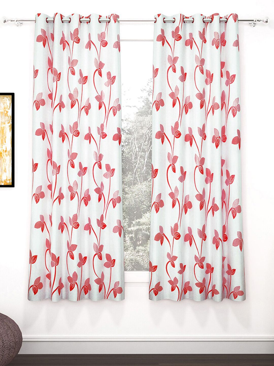 Story@home Nature White & Red 2 Pieces Ethnic Motifs Printed Window Curtains