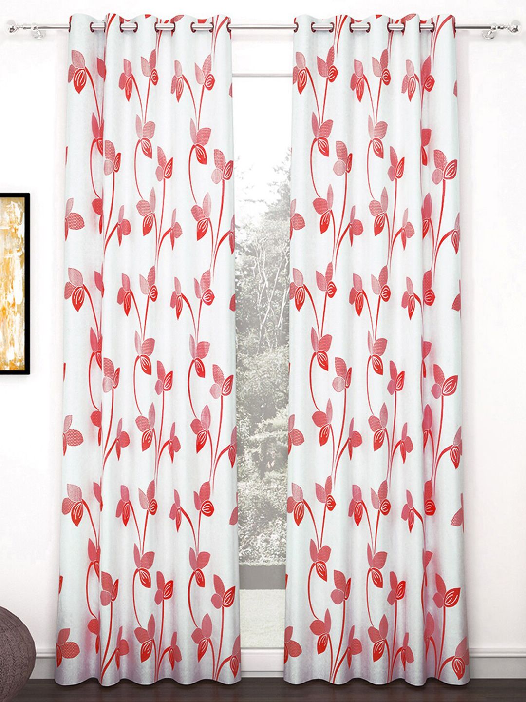 Story@home 2 Pieces White & Red Floral Door Curtains