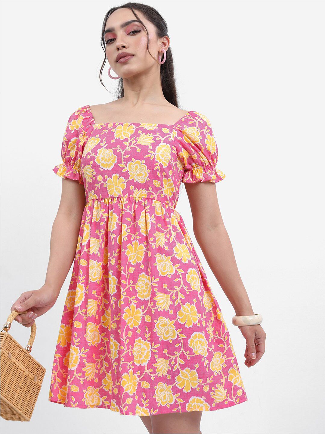 Vishudh Pink Floral Printed Smocked Puff Sleeve Fit & Flare Dress