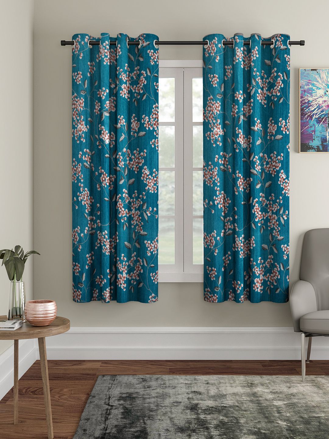 Cortina Teal Blue Set of 2 Floral Printed Window Curtains