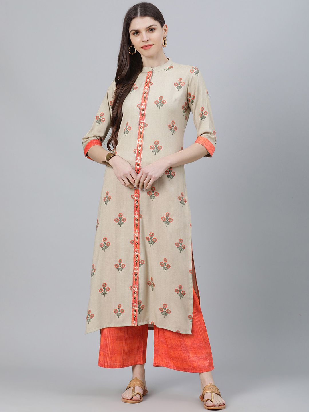 Libas Women Beige & Orange Printed Kurta with Palazzos