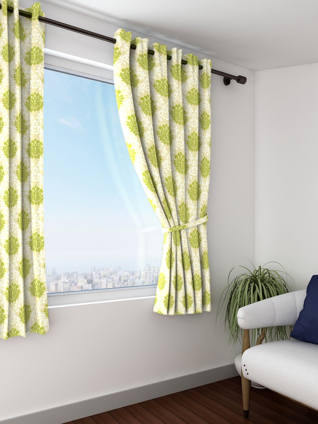 Skipper Furnishings Cream Coloured Green Self Design Single Skipper Furnishings Cream Coloured