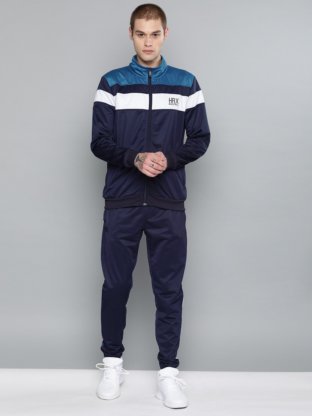 Clothing Tracksuits | HRX by Hrithik Roshan Men Navy blue & White Colourblocked Rapid-Dry Basketball Tracksuits - QW57672