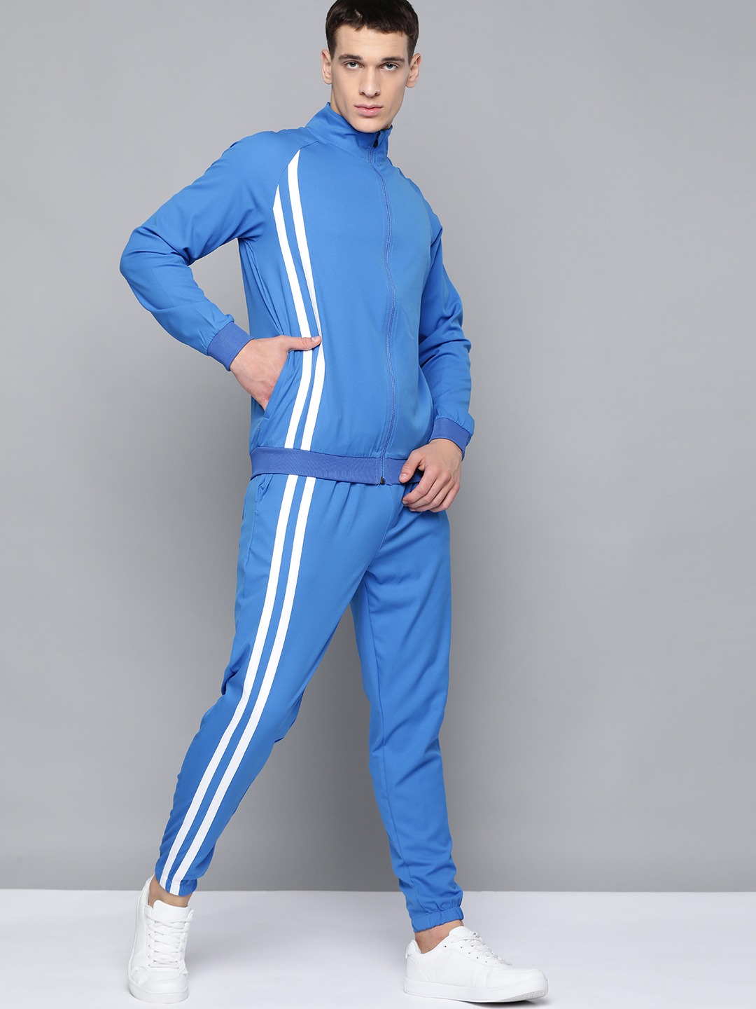 Clothing Tracksuits | HRX By Hrithik Roshan Men Strong Blue & Optic White Colourblock Regular Fit Rapid-Dry Lifestyle Tracksuits - QZ51190