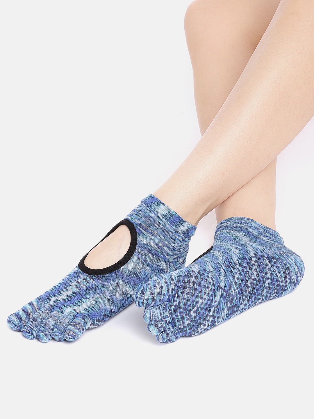 Accessories Socks | HRX by Hrithik Roshan Women Blue Grindle Effect Solid Ankle-Length Cut-Out Yoga Socks - YU09554