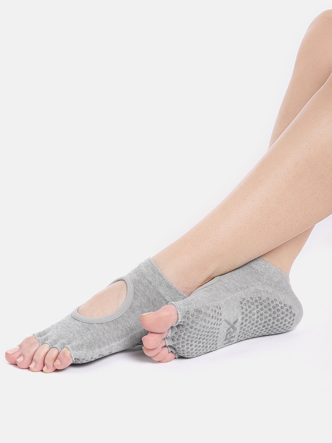 Accessories Socks | HRX by Hrithik Roshan Women Grey Melange Solid Ankle-Length Cut-Out Half-Toe Yoga Socks - XQ70995