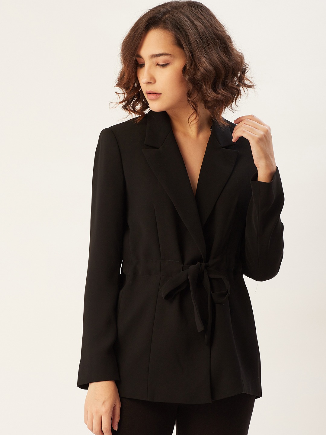 Clothing Blazers | MANGO Women Black Solid Regular Fit Tie-Up Casual Blazer - FN02031