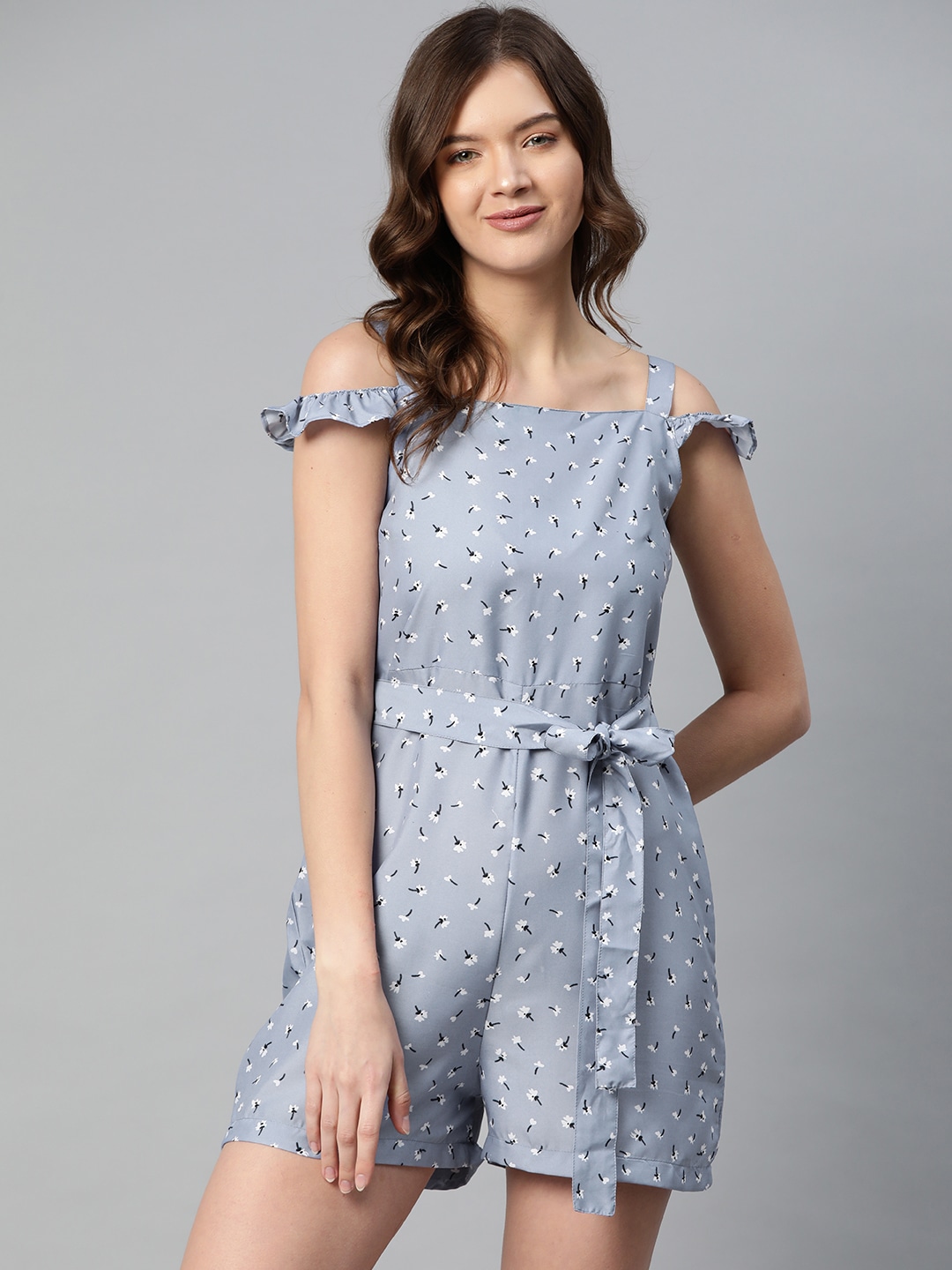 Clothing Jumpsuit | SIRIKIT Grey & White Floral Printed Playsuit With Waist Tie-Ups - RK98938