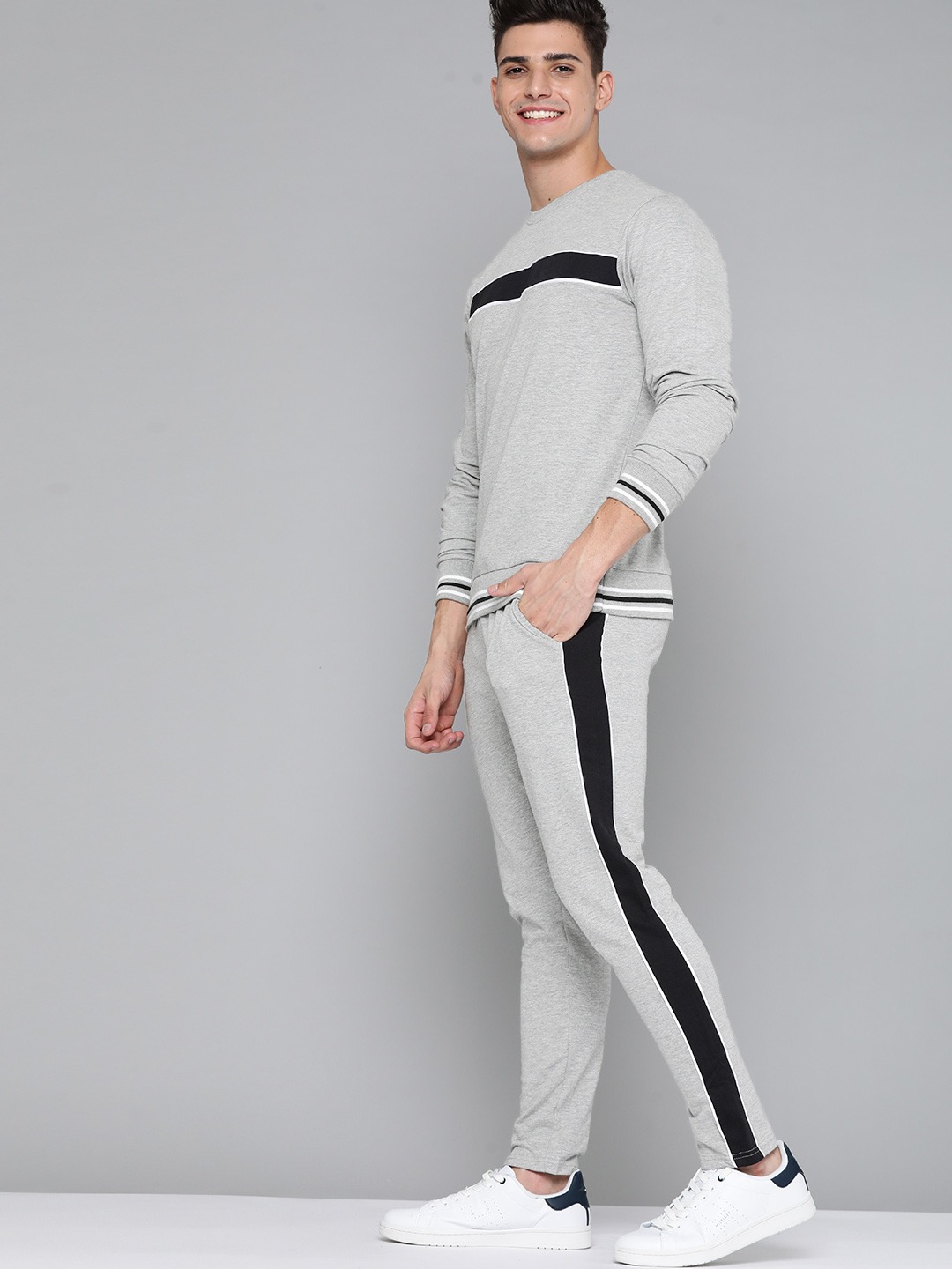 Clothing Tracksuits | M&H Easy Men Grey Melange & Black Solid Tracksuits With Striped Detail - NZ59568