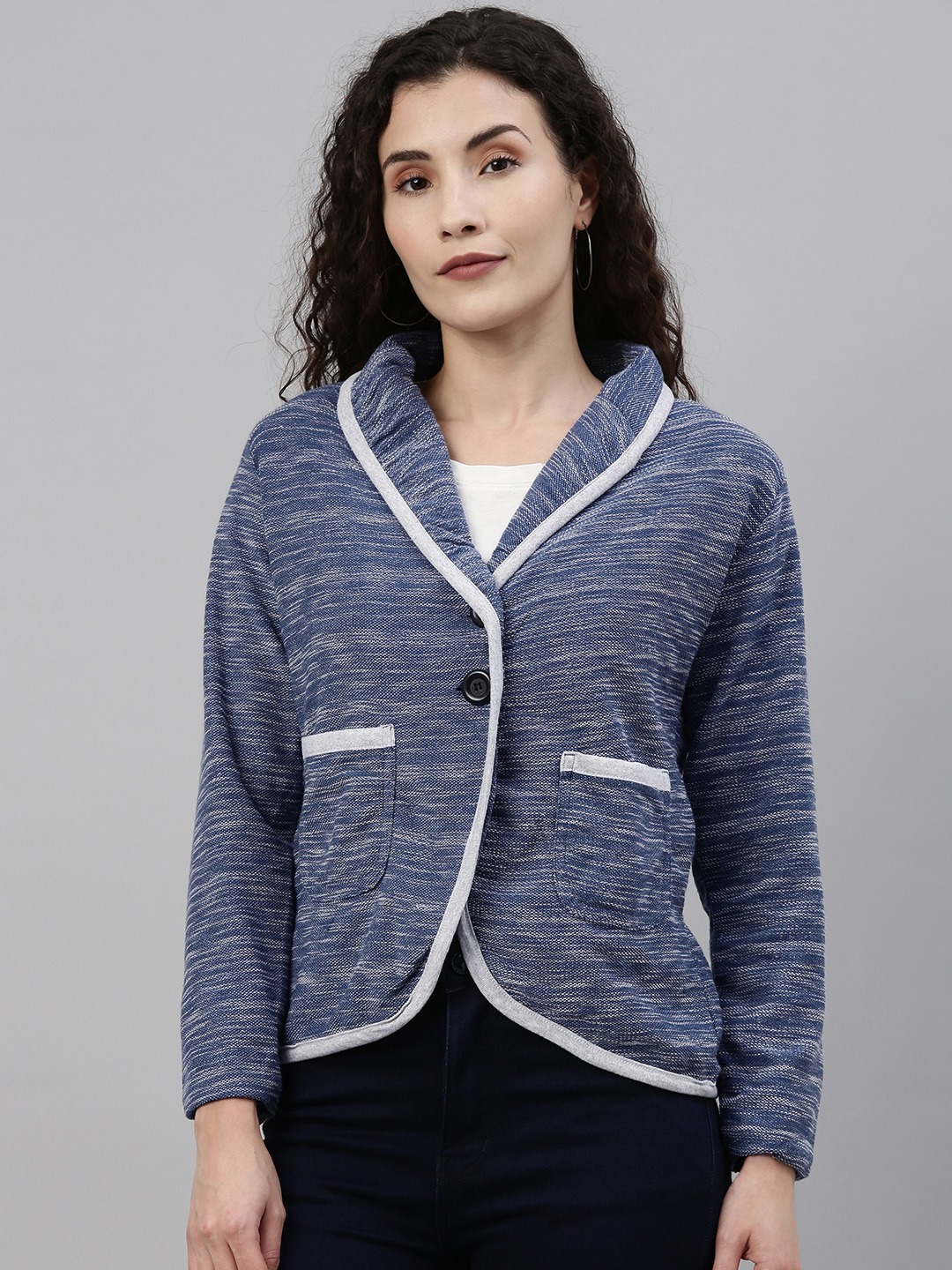 Clothing Blazers | Campus Sutra Women Blue Melange Comfort Fit Single-Breasted Casual Blazer - RV88973