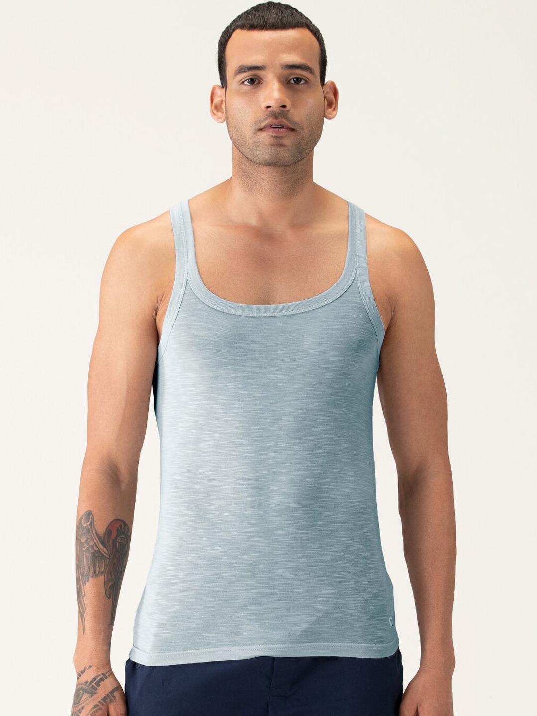 Clothing Innerwear Vests | DAMENSCH Men Blue Solid Anti-Microbial Basic NEO Bamboo Square Neck Vestt DAM-SQN-VEST-IB - HL76950