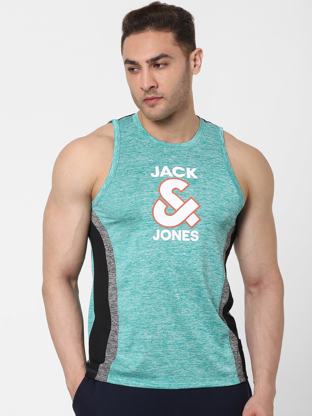 Clothing Innerwear Vests | Jack & Jones Men Blue & Black Colourblocked Gym Vest - ID63312