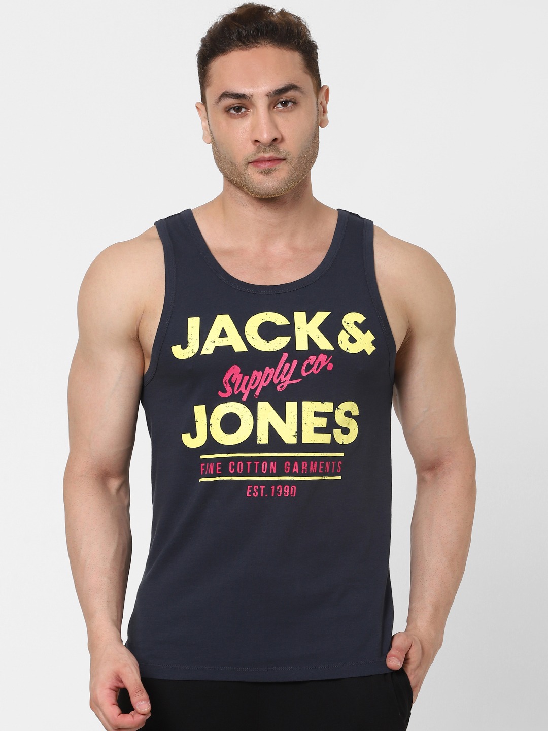 Clothing Innerwear Vests | Jack & Jones Men Navy Blue Printed Tank Vest - RZ87305