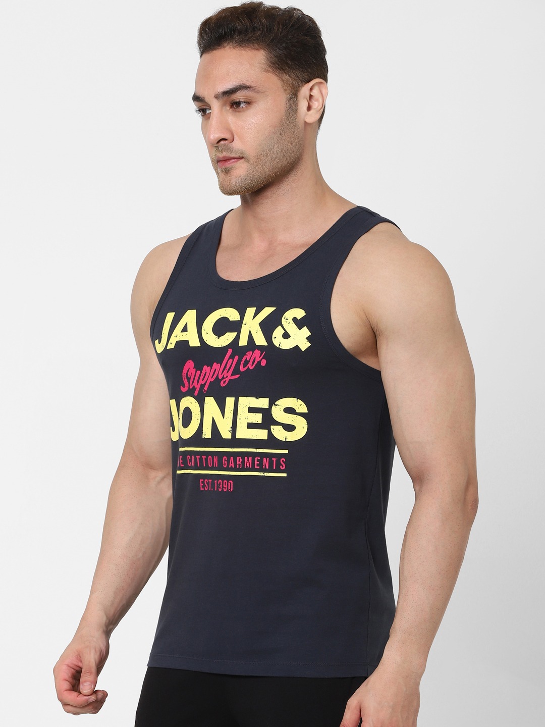 Clothing Innerwear Vests | Jack & Jones Men Navy Blue Printed Tank Vest - RZ87305