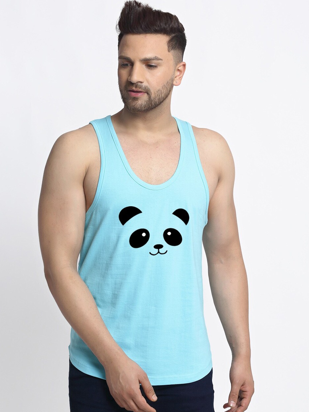 Clothing Innerwear Vests | Friskers Men Turquoise Blue & Black Panda Printed Pure Cotton Gym Vest - OH33120