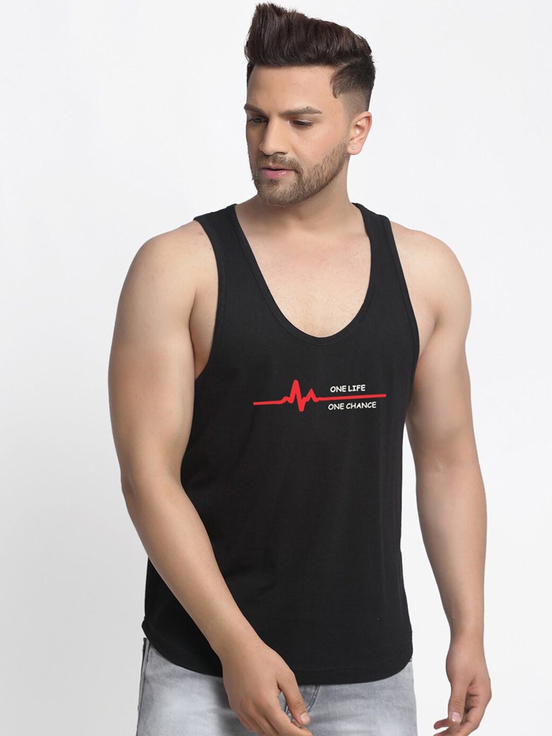 Clothing Innerwear Vests | Friskers Men Black & Red One Life Printed Pure Cotton Gym Vest - XT35621