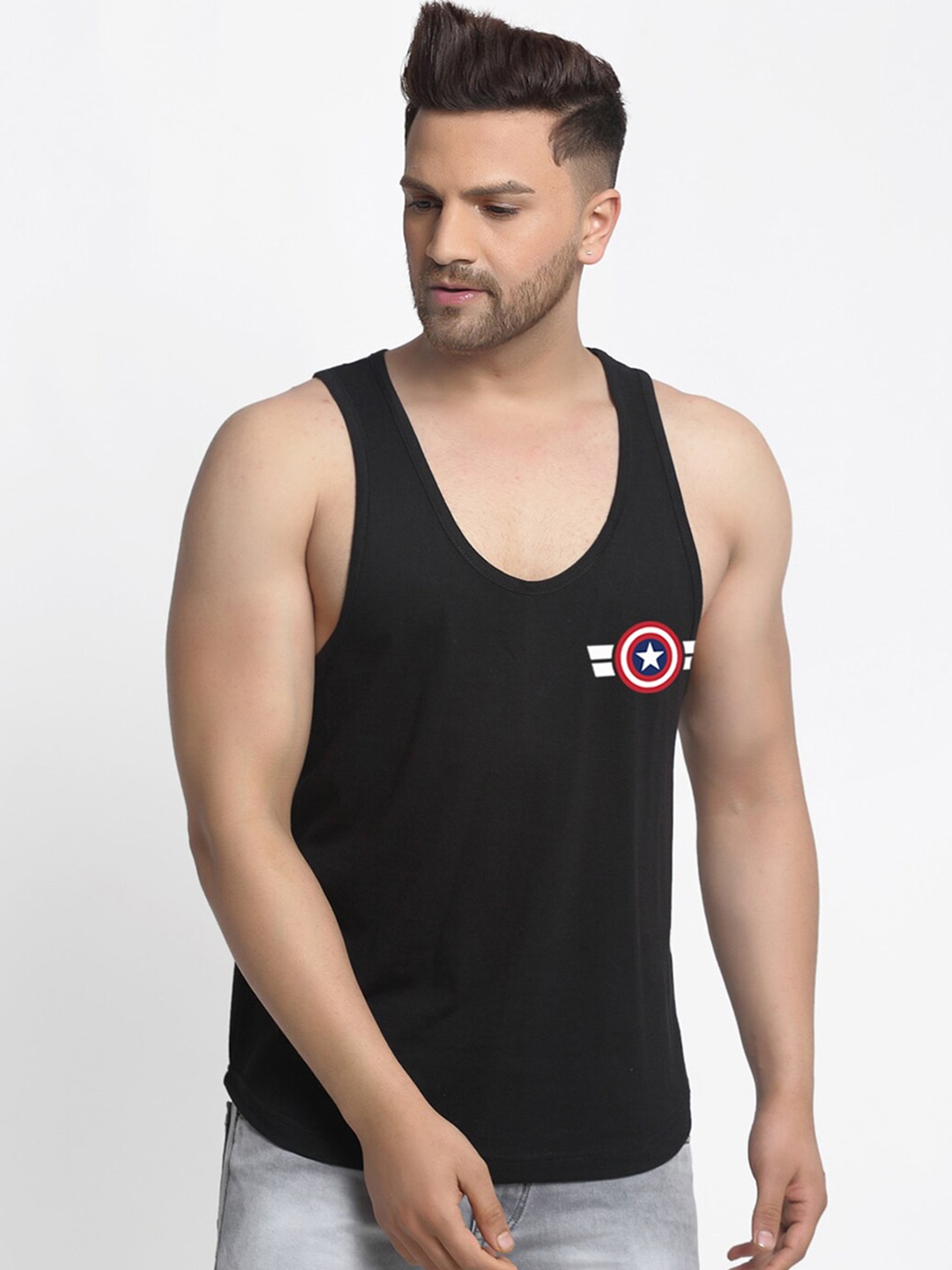 Clothing Innerwear Vests | Friskers Men Black & Red Captain America Printed Pure Cotton Gym Vest - GZ03111
