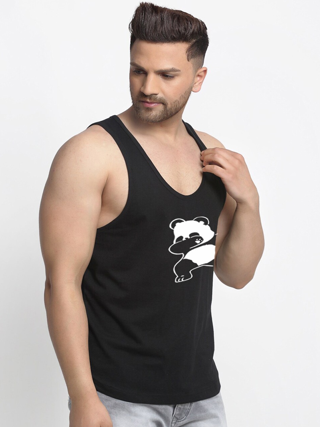 Clothing Innerwear Vests | Friskers Men Black & White Panda Printed Pure Cotton Gym Vest - GE16629