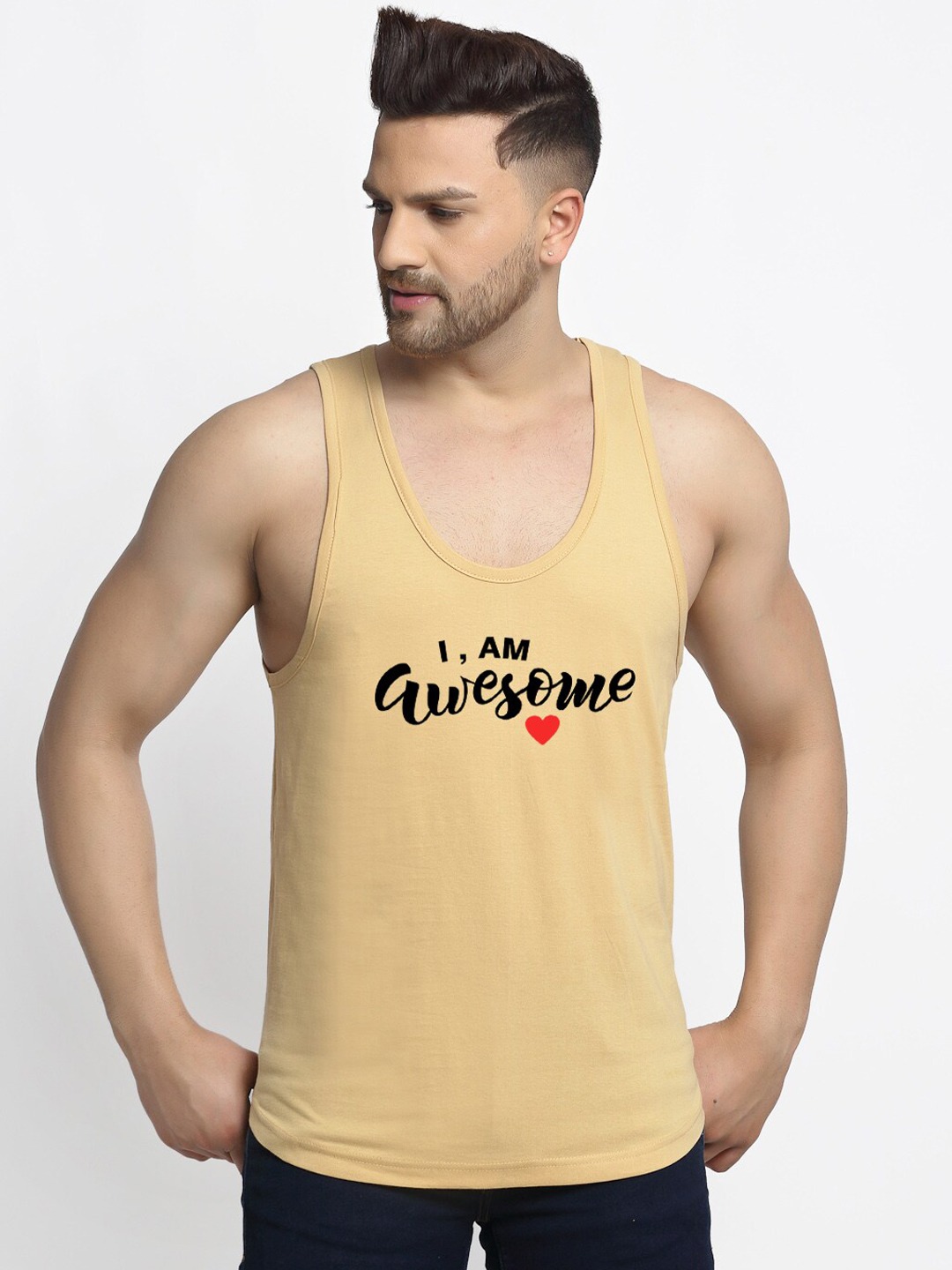 Clothing Innerwear Vests | Friskers Men Beige & Black I Am Awesome Printed Pure Cotton Apple Cut Innerwear Vest C232-09 - MW28008