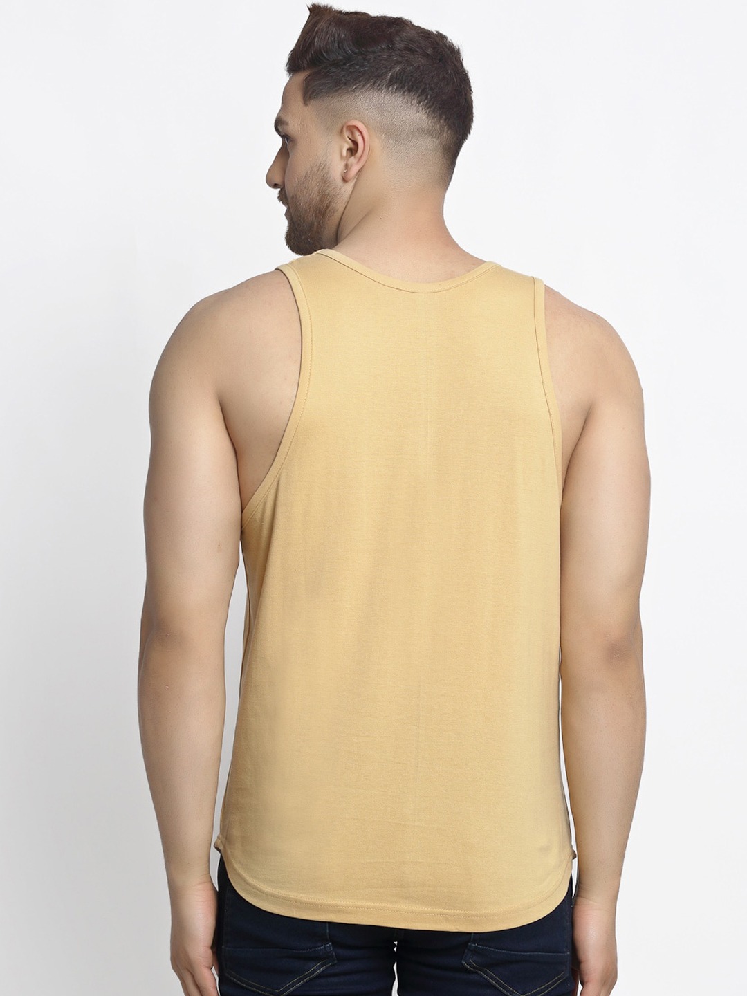 Clothing Innerwear Vests | Friskers Men Beige & Black Printed Pure Cotton Gym Vest - SV85392