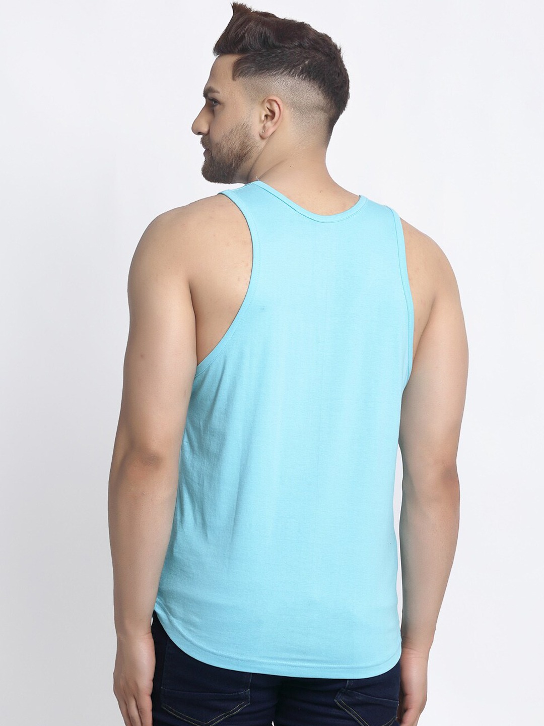 Clothing Innerwear Vests | Friskers Men Turquoise-Blue & Black Hope Printed Pure Cotton Apple Cut Innerwear Vest - GH71892