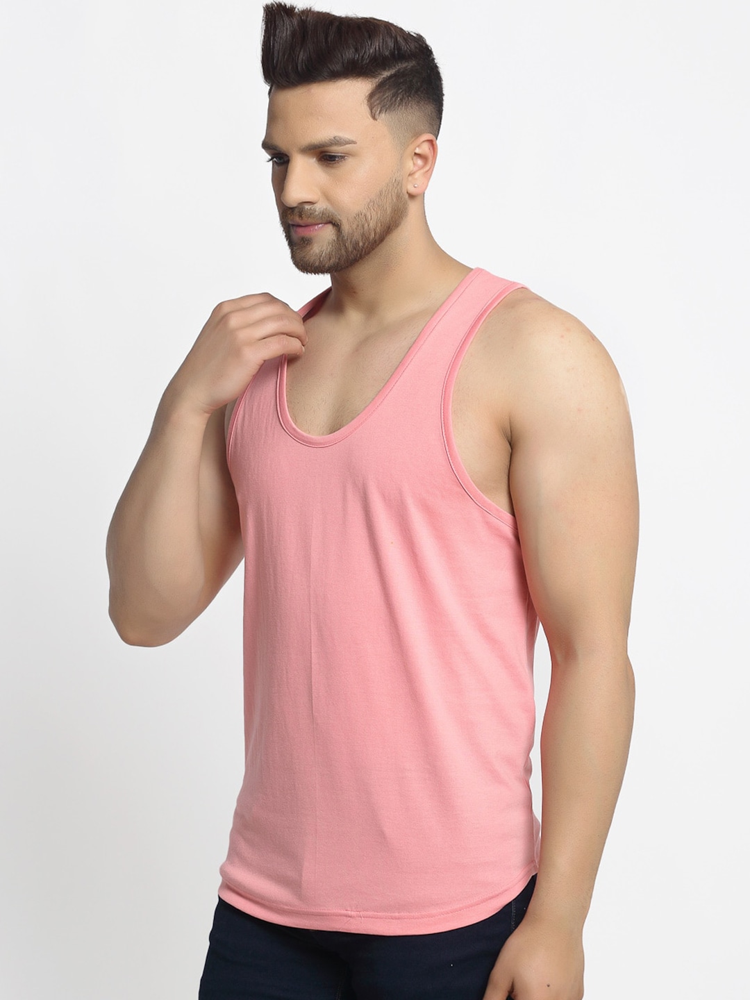 Clothing Innerwear Vests | Friskers Men Pink Solid Pure Cotton Drop-Cut Gym Innerwear Vest - LI03324