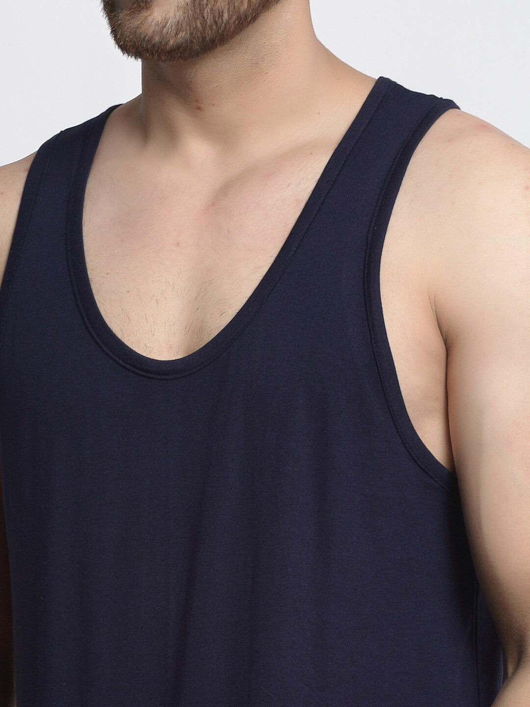 Clothing Innerwear Vests | Friskers Men Navy Blue Solid Drop Cut Cotton Gym Vest - VO76446