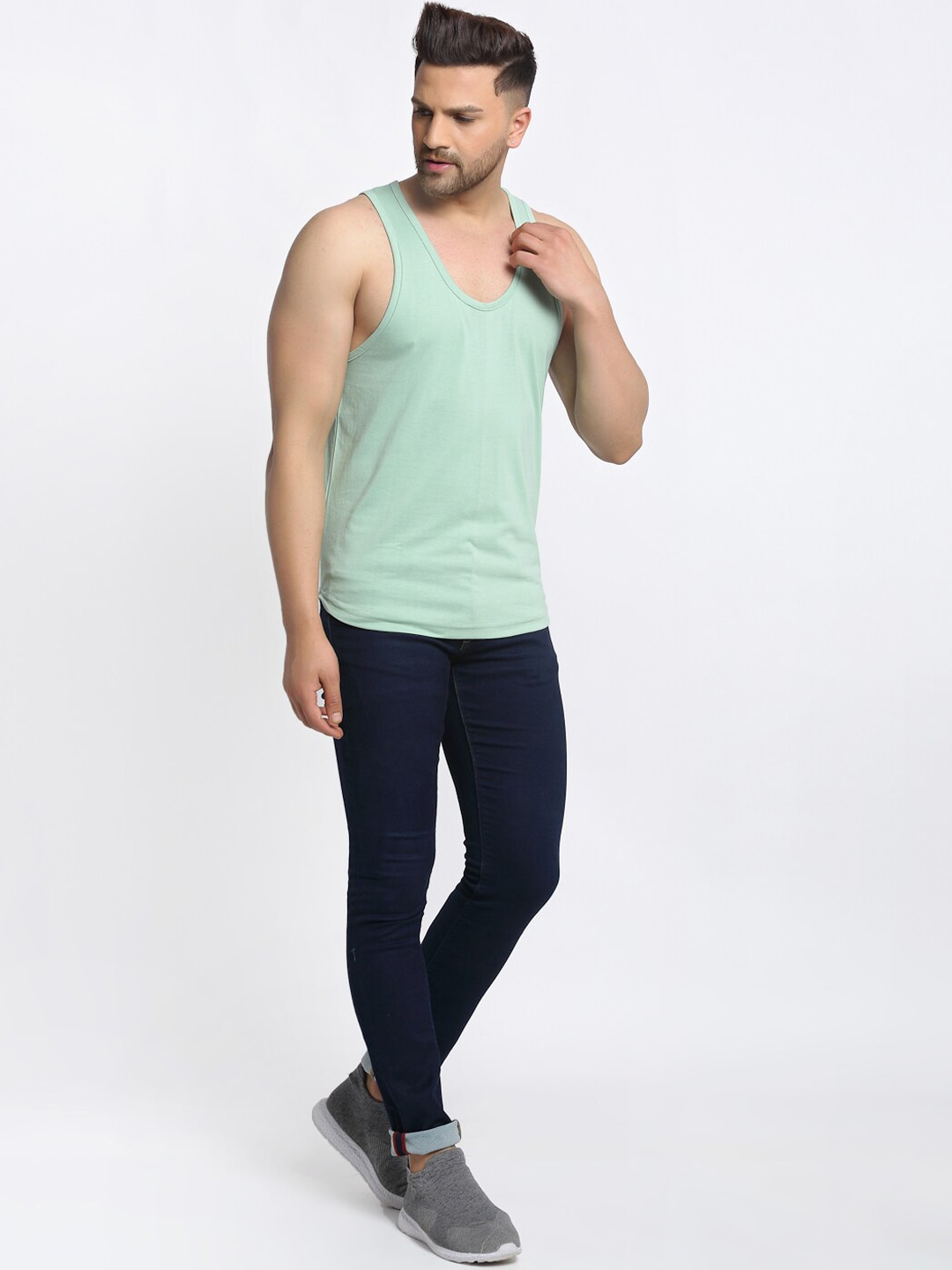 Clothing Innerwear Vests | Friskers Men Sea Green Solid Pure Cotton Drop Cut Casual Gym Vest - RB40365