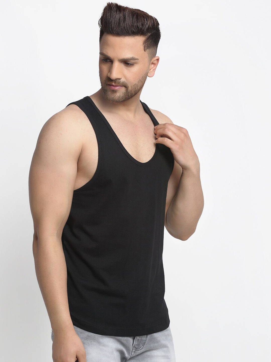 Clothing Innerwear Vests | Friskers Men Black Solid Drop Cut Cotton Gym Vest - CM08188