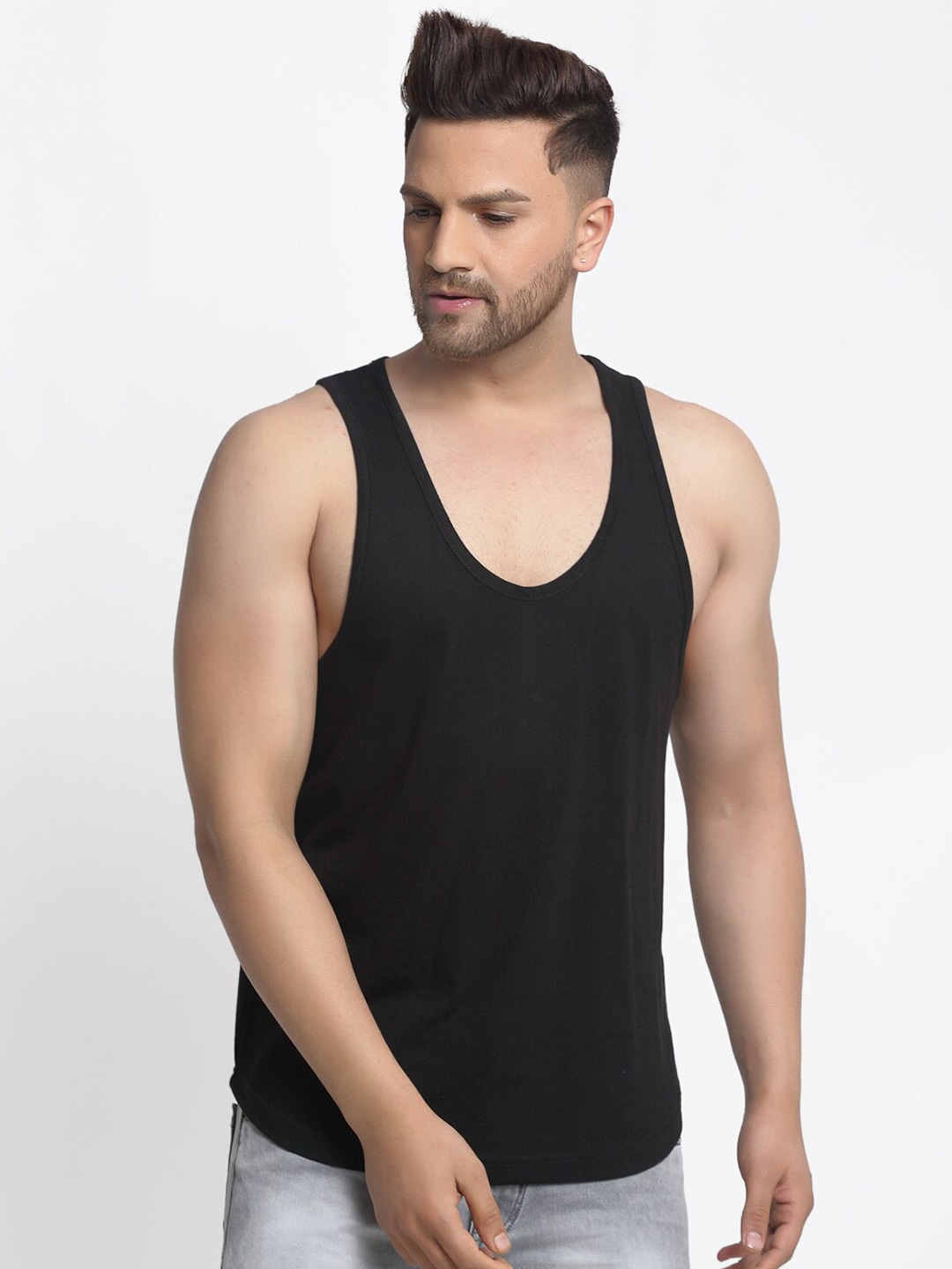 Clothing Innerwear Vests | Friskers Men Black Solid Drop Cut Cotton Gym Vest - CM08188