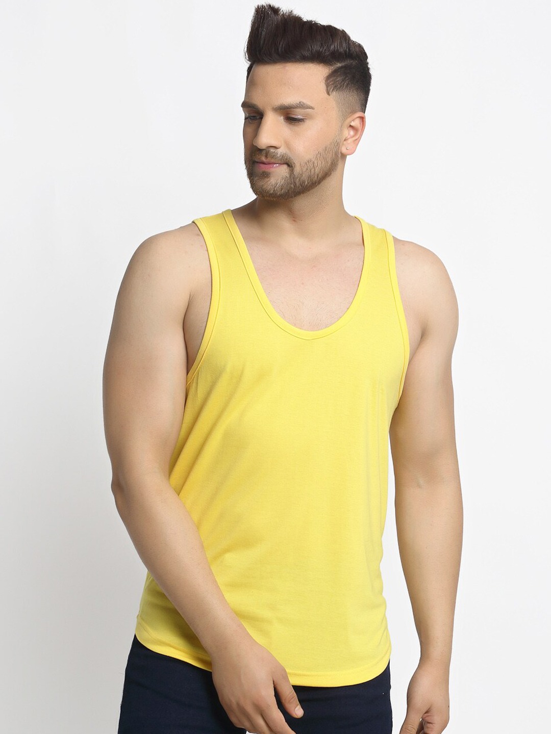 Clothing Innerwear Vests | Friskers Men Yellow Solid Pure Cotton Drop-Cut Gym Innerwear Vest - GG87689