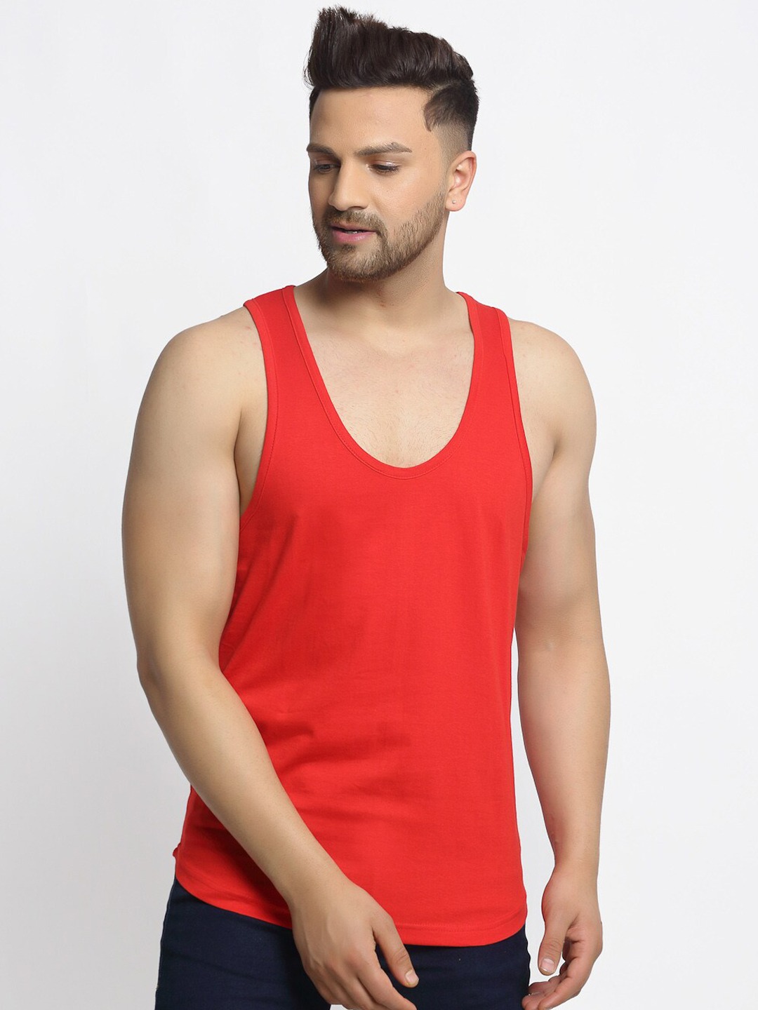 Clothing Innerwear Vests | Friskers Men Red Solid Drop Cut Cotton Gym Vest - BO88657