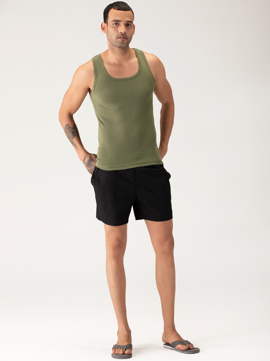 Clothing Innerwear Vests | DAMENSCH Men Olive-Green Solid Pure Cotton NEO-SKIN Anti-Microbial Basic Innerwear Vest - LS95493