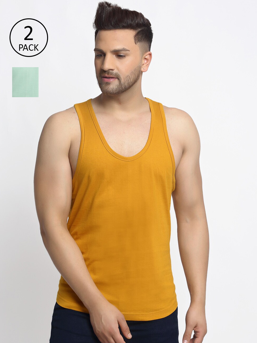 Clothing Innerwear Vests | Friskers Men Yellow & Green Pack of 2 Pure Cotton Solid Vest - DM32870