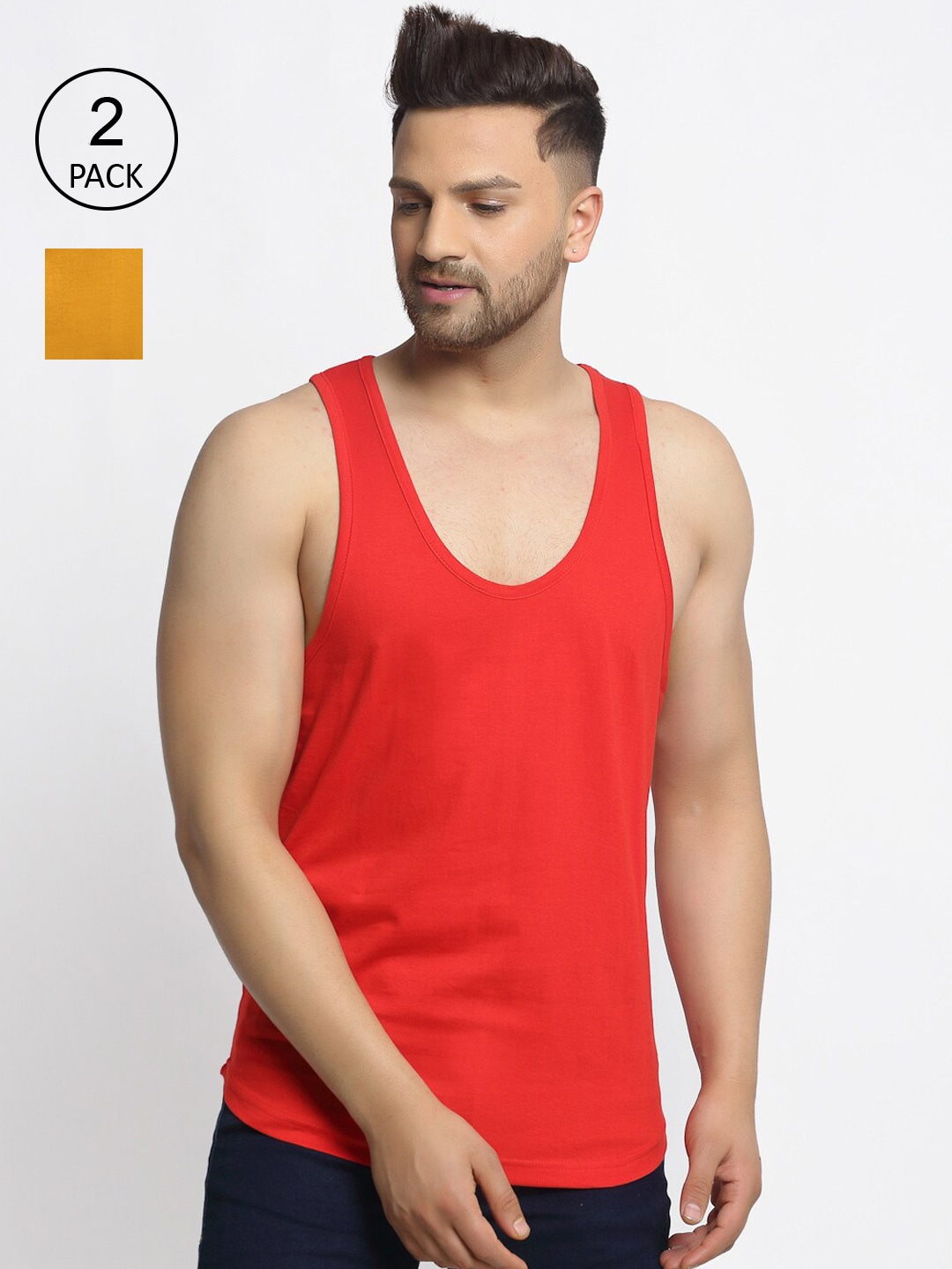 Clothing Innerwear Vests | Friskers Men Red & Yellow Pack of 2 Pure Cotton Solid Vest - JK01652