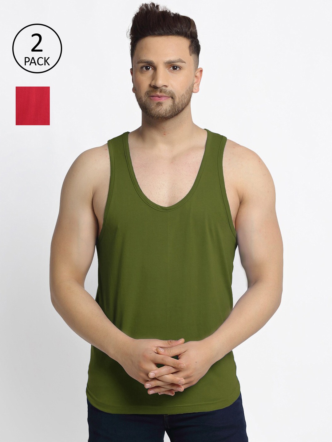 Clothing Innerwear Vests | Friskers Men Pack Of 2 Maroon & Olive Green Solid Pure Cotton Drop Cut Gym Vests - RA12780
