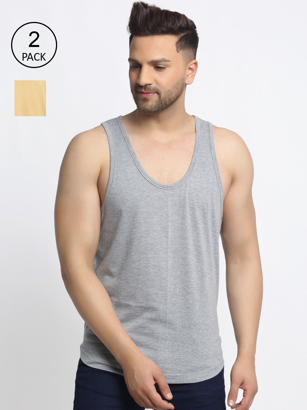 Clothing Innerwear Vests | Friskers Men Pack Of 2 Beige & Grey Solid Pure Cotton Drop Cut Gym Vests CN-09-04-S - YS65916